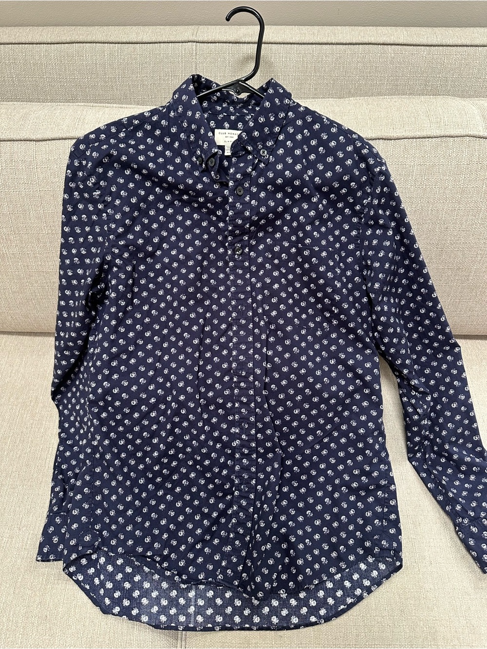 Club Monaco Mens Shirt Slim Fit Navy Blue White Print Button Down LS Size M